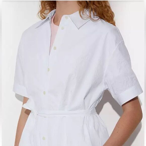 NWT Coach Wrinkled Button Down Dress White Short Sleeve Cotton Tie Pockets Mini - Picture 3 of 13